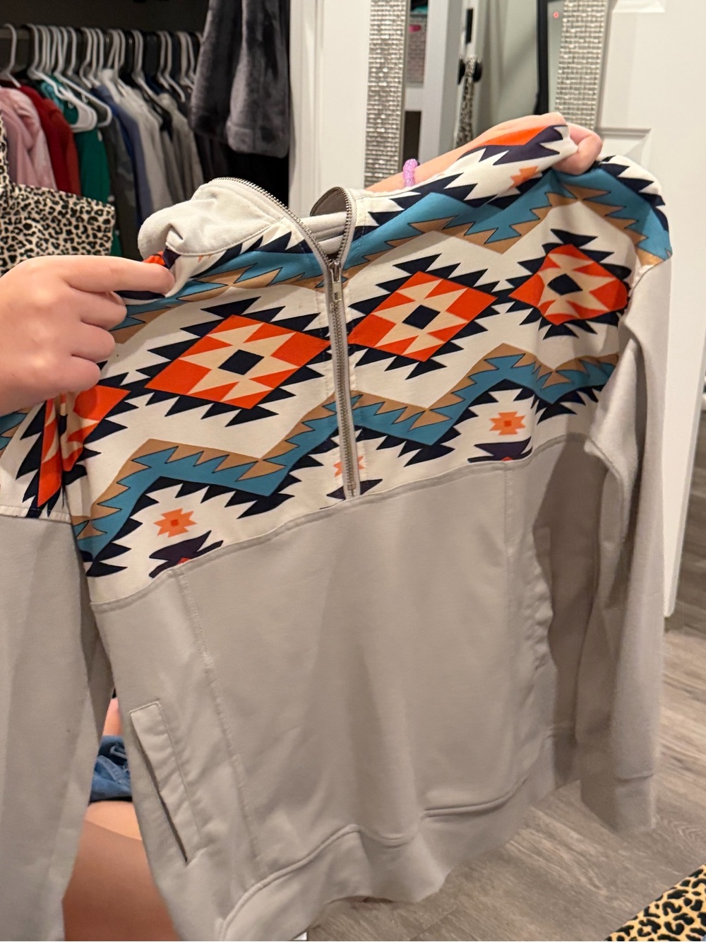 Aztec Print Half-Zip Pullover in Beige and Teal
